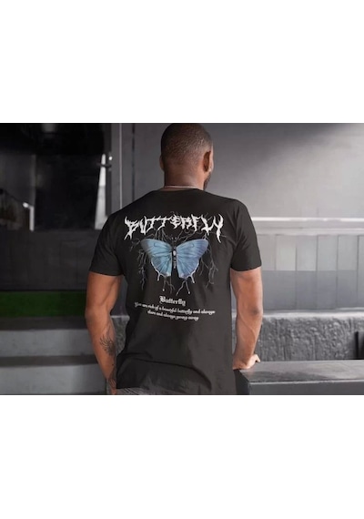Erkek Bisiklet Yaka Baskılı Oversize T-shirt - Siyah L Siyah
