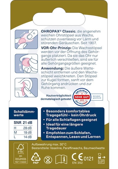 Ohropax Alman Kulak Tıkacı Classic 204925033 Açık Pembe