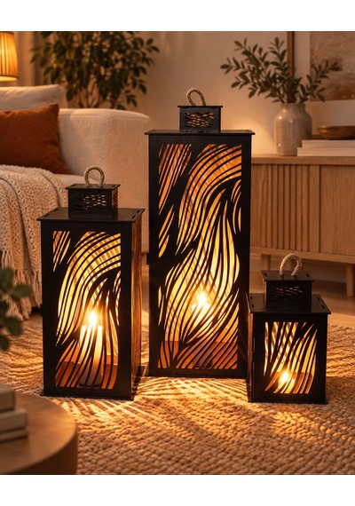 Ahşap Fener Mumluk Seti 3lü Sazlıkmodel Siyah