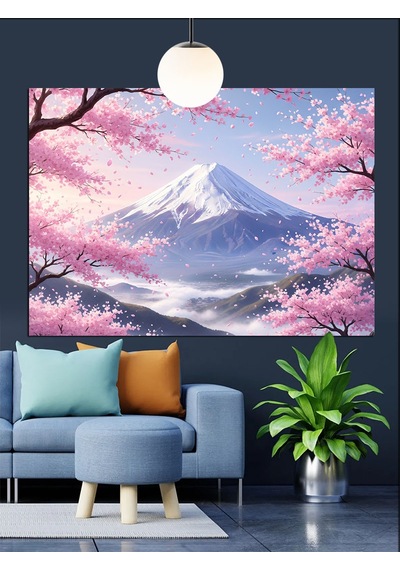 Japon Kiraz Çiçekleri Fuji Dağı Dekoratif Kanvas - Mdf Ahşap Tablo