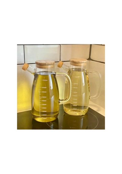 2 Li Bambu Vakum Kapaklı 1000ml Yağlık Borosilikat Cam Yağdanlık Set Şeffaf Şeffaf