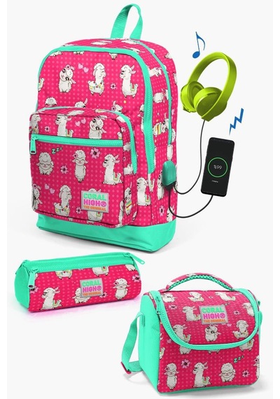 Coral High Kids Neon Mercan Su Yeşili Alpaka Desenli Usb'li 3 Lü Okul Çanta Seti Set0123268 Çok Renkli