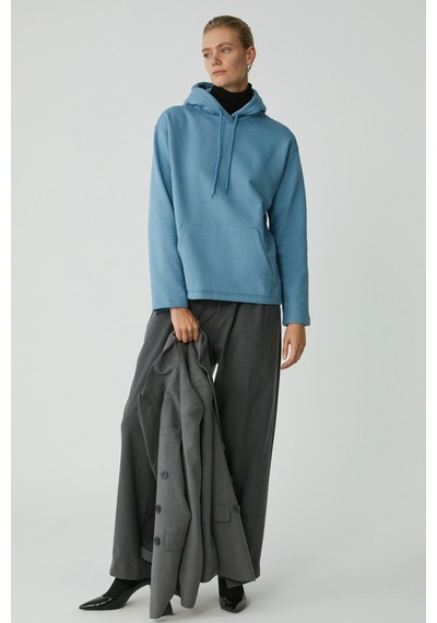 Ethıquet Pıper Kadın Içi Polarlı Yumuşacık Comfort Fit Kapüşonlu Kanguru Cepli Mavi Sweatshirt