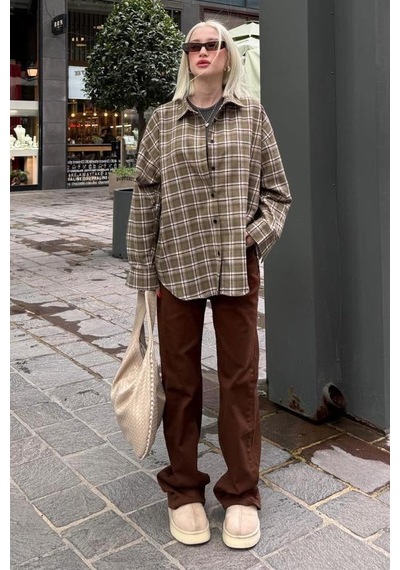 Seeh Haki Oversize Ekose Desenli Kadın Gömlek Sh334 Ekoseli