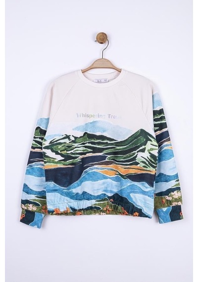 Kız Çocuk Tasarım Camping Sweatshirt-13357-krem Yeşil Krem - Yeşil