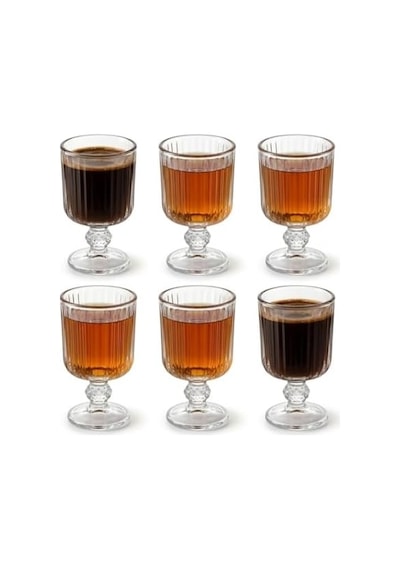 6 Lı Cam Ayaklı Bardak Seti 65 Ml Çizgili Desenli Şık Sunum Bardağı Kahve Yanı Su Meşrubat Bardağı Açık Kırmızı