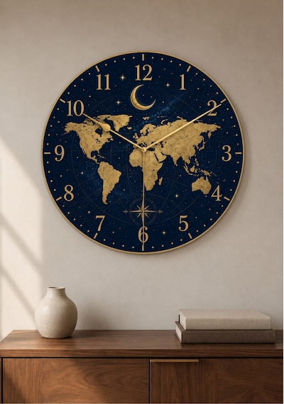 AA Shop Dünya Haritası Desenli Dekoratif Baskılı Ahşap Duvar Saati 45 Cm Sessiz Akar Mekanizma 864 Çoklu Renkli