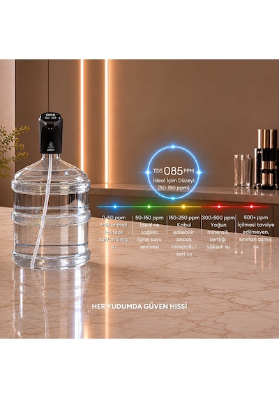Pizen Flow Şarjlı Otomatik Damacana Su Pompası Tds Ölçer 250ml 500ml 1l 2l Ölçü Özellikli Siyah