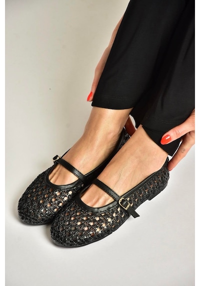 Fox Shoes Y267272709 Siyah Örgü File Görünümlü Kadın Babet Siyah