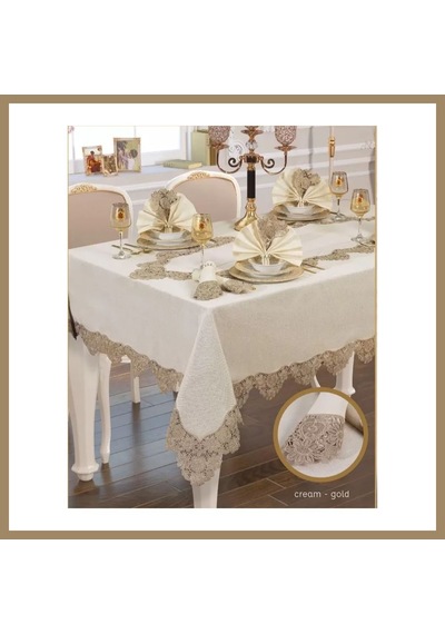Kahveci.store El İşi Angles Flora 17 Parça 8 Kişilik165 265 Cm Krem-gold Masa Takımı 22