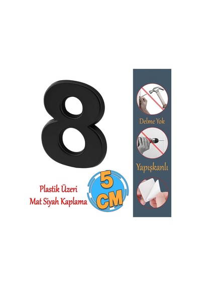 Lexroo Yapışkanlı Kapı Numarası Küçük Boy 50 Mm 5 Cm Numara 8 Rakam Sekiz Sayı Siyah Renk Numaralar Standart