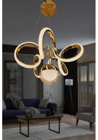Kıvrım Tekli Fanus Top Simli Slikonlu Modern Oturma Led Avizesi - Kumandalı / Gold Gold