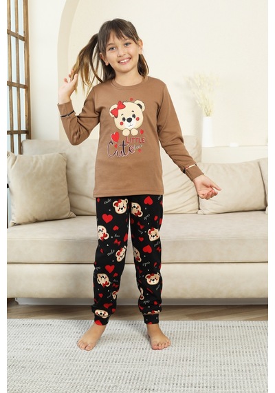 Kız Çocuk Ayıcık Baskılı %100 Pamuk İnterlok Kumaş Pijama Takımı 12347 Kahverengi