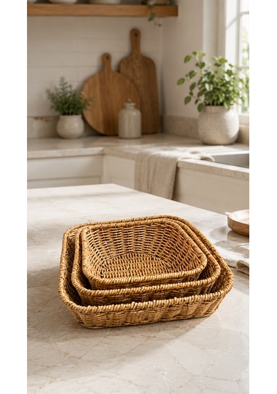 3'lü Kare Hasır Sunumluk Sepet Badya Leğen Tabak Kase - Masaüstü Organizer Rattan Sunum Meyvelik - Ekstra Kaliteli Çelik Rattan 26 X 26