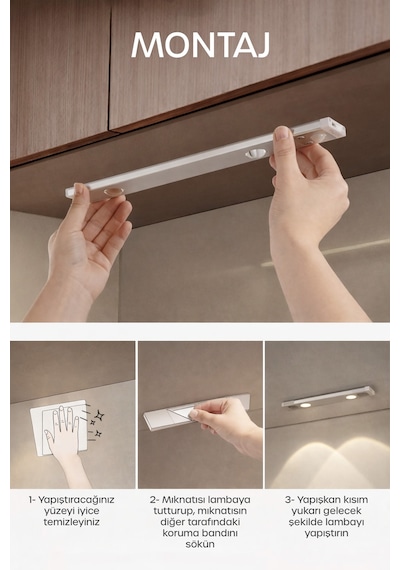 Mutfak Tezgah Altı Şarjlı Hareket Sensörlü Cabinet Dolap Işığı Çekmece İçi Koridor Lambası 30 Cm 02