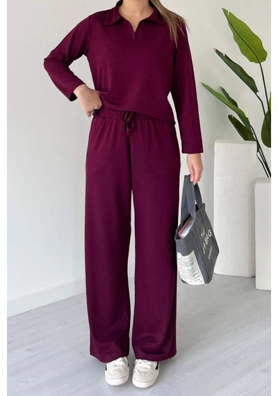 Balenbi Kadın Modal Kumaş Polo Yaka Uzun Kollu Takım 1126 Bordo