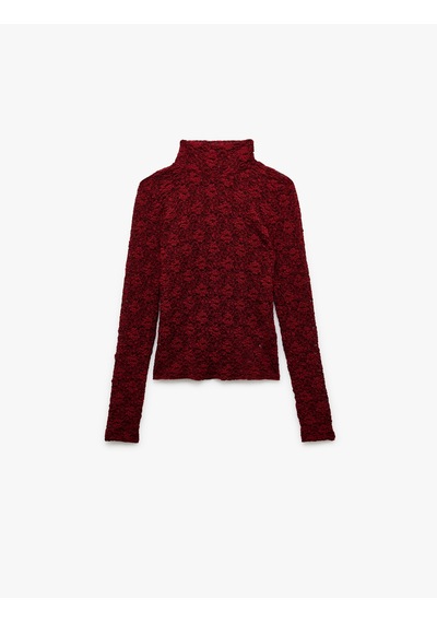 Koton Slim Fit Uzun Kollu Dik Yaka Floral Dokulu Dantelli Bluz Bordo 6wak80001ek Bordo