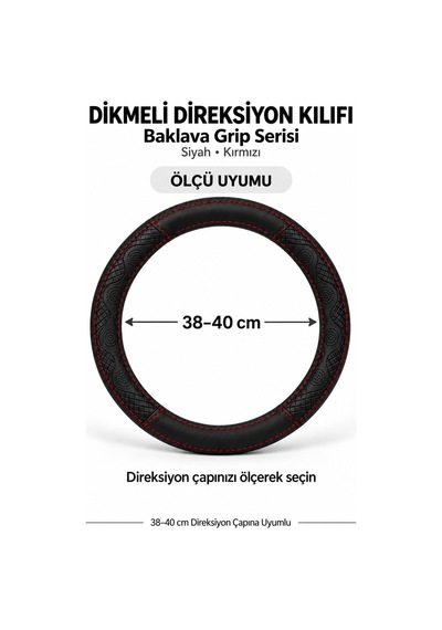 Trobus Volkswagen Golf 2020 Ve Sonrası Uyumlu Dikmeli Direksiyon Kılıfı Baklava Grip Siyah Kırmızı Siyah - Kırmızı