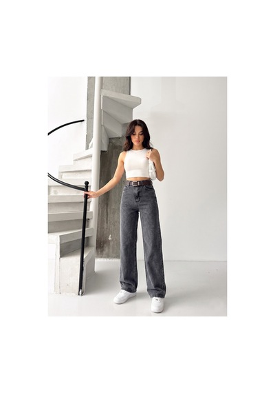 Kene Jeans Kar Siyah Kemerli Likralı Bol Paça Denim Pantolon Kar Siyah