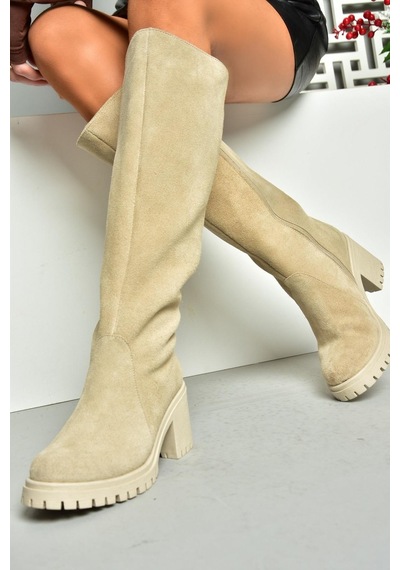 Fox Shoes R654047702 Bej Hakiki Deri Süet Kalın Topuklu Kadın Çizme Bej
