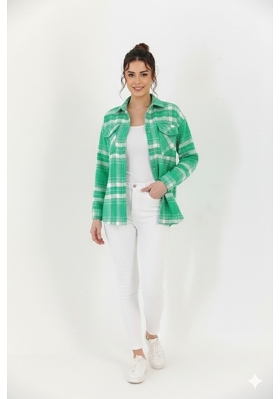 Polologin Butik Yeşil-beyaz Kare Desenli Kaşe Gömlek - Mevsimlik Rahat Kalıp Yeşil