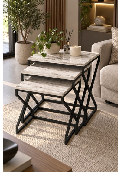Sulorahome Modern Zigon Sehpa Seti - Beyaz Mermer Desenli Ve Siyah Metal Ayaklı Beyaz - Beyaz Mermer