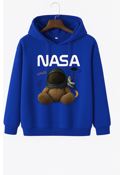 Kokina 3 İplik Penye Unisex Nasa Ayıcık Baskılı Kapüşonlu Sweatshirt Saks Mavisi