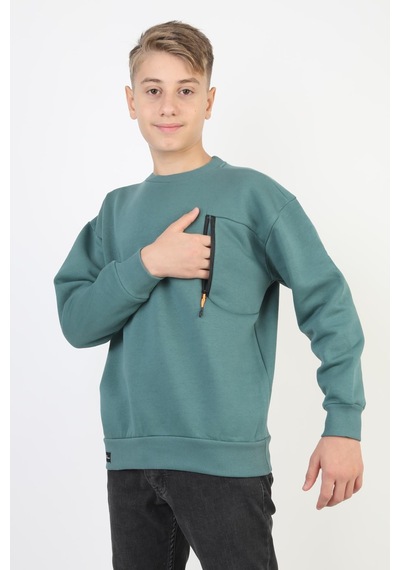 Bisiklet Yaka Cep Fermuar Detaylı Erkek Çocuk Sweatshirt-90856 Yeşil