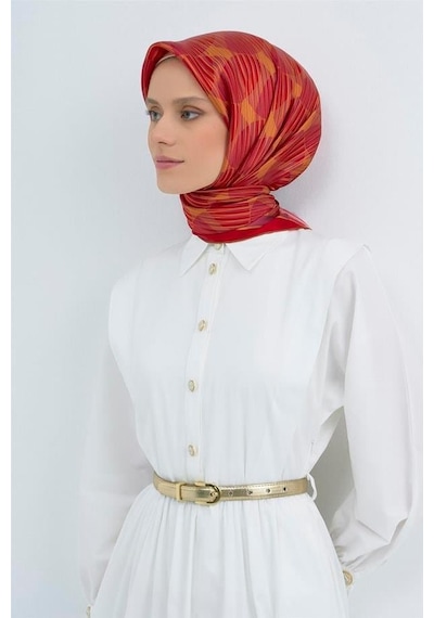 Armine Sura Saf İpek Eşarp 9533 - 53 Kırmızı Pembe Çizgi Desen Kırmızı