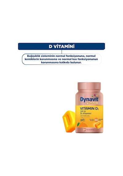 Dynavit Gummies Vitamin D3 60 Çiğnenebilir Form - Aile Boyu Kullanım D Vitamini Kas & Kemik & Bağışıklık