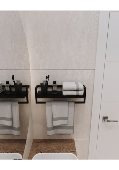 Aju Havluluk Siyah Duvara Monte Raf Aksesuarlık Şal Askılığı Banyo Mutfak Düzenleyici Çok Amaçlı Raf Siyah