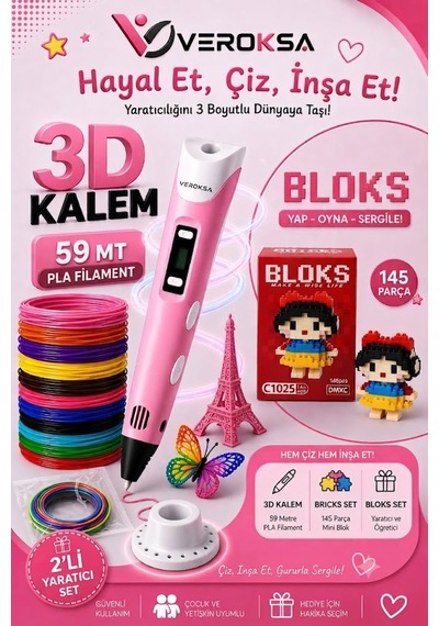 Pembe 3d Kalem Ve 145 Parça Blok Seti Yaratıcılığını 3 Boyutlu Dünyaya Taşı
