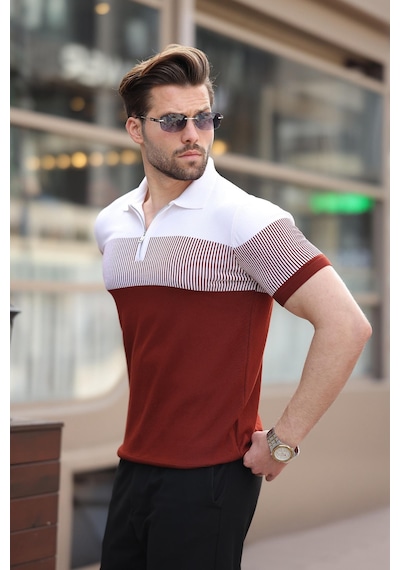 Madmext Kiremit Renk Bloklu Polo Yaka Triko Erkek T-shirt E7409 Kiremit