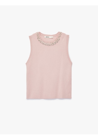 Koton Bisiklet Yaka Kolsuz Taşlı Triko Bluz Pembe 6wak30036ht Gül