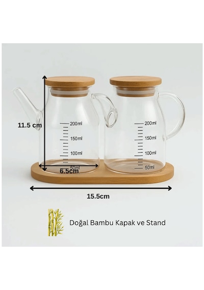 Mini Yağdanlık Ve Sosluk Seti, Bambu Stantlı Ve Vakumlu Bambu Kapaklı, 2'li 200 Ml Salata Seti Ahşap
