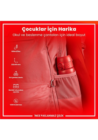Ion8 - Paslanmaz Çelik İnce Suluk - Kırmızı - 600 Ml - Sızdırmaz