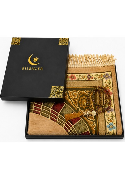 Astarlı Lale Desenli Seccade & Kristal Tesbih Seti Vizon