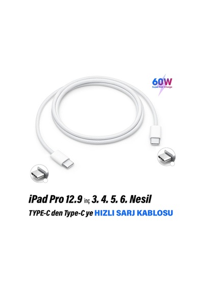 Tablet Apple Uyumlu iPad Pro 12.9inç 3. 4. 5. 6. Nesil Şarj Kablosu Type-c 60w