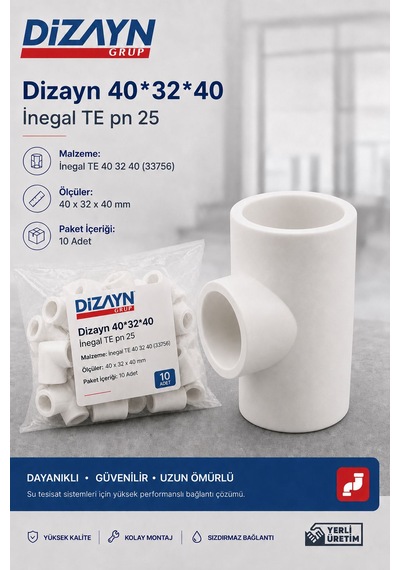Dizayn Pprc İnegal Te 40 32 40 10 Adet Pn25 Temiz Su Tesisat Ek Parçası