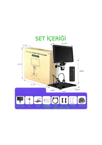 Dijital Mikroskop Tamirci Mikroskobu 10.1" Ips Lcd Hd Ekran Hdmı Ve Usb Bağlantısı 2000x Büyütme 20mp Şarjlı Tam Set