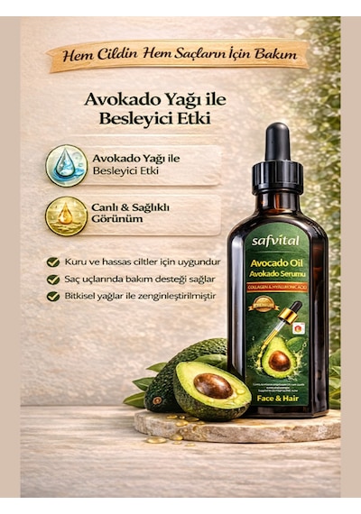 Safvital Avokado Yağı Serumu 100 Ml Kolajen Hyaluronik Asit Nemlendirici Cilt Ve Saç Bakım Yağı