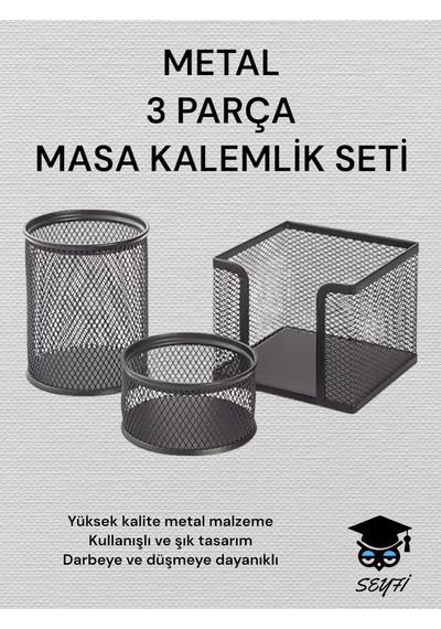 3 Lü Metal Masa Kalemlik Seti Perfore Siyah