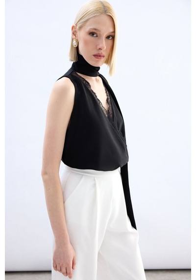 Sateen Dantel Detaylı Bodysuit Bluz - Siyah-136765 Siyah