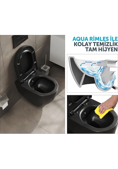 Aqua Bagno Voca Asma Klozet 54 Cm. , Mat Siyah -set 2 Parça -dp Kapak Dahil Siyah