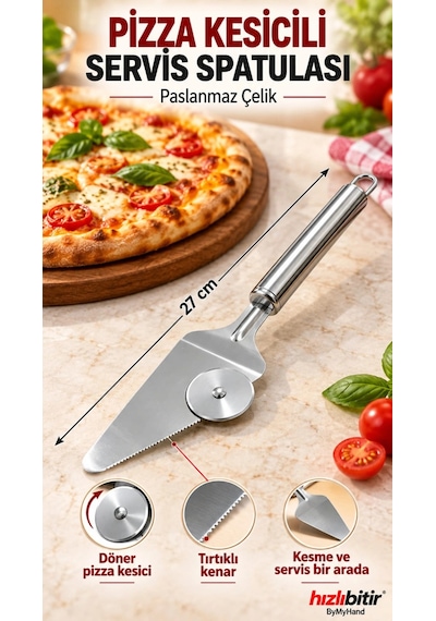 Bymyhand Paslanmaz Çelik Pizza Kesicili Servis Spatulası Metalik Gri