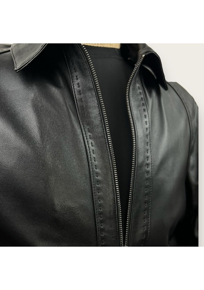 Always Leather Derimont's Hakiki Deri Siyah Düz Cepli Erkek Deri Mont 1803340004 Siyah