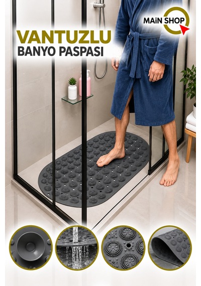 Masajlı Silikon Banyo Paspası 37 X 69 Cm Vantuzlu Banyo Ve Duş Kaydırmazı Küvet Paspası M-142 Gri