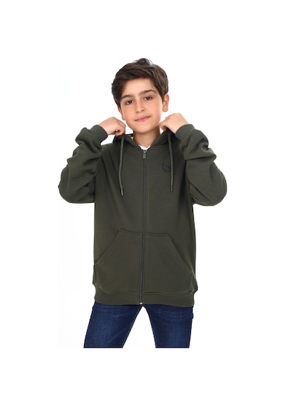 Toontoy Kids Toontoy Erkek Çocuk Kapüşonlu Fermuarlı Cepli Düşük Omuz Baskılı Örme Hırka - 3 İplik Şardonsuz Haki