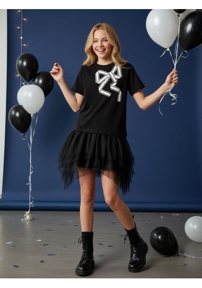 Zekids Kız Çocuk Fiyonk Desenli Yarım Kollu Tasarım T-shirt-16533 Siyah