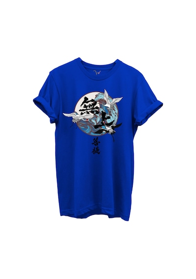 Japon Sanatı Stilinde Turna Kuşları Ve Dalga Desenli %100 Pamuk Regular Fit Unisex T-shirt Mavi